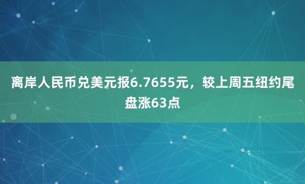 离岸人民币兑美元报6.7655元，较上周五纽约尾盘涨63点