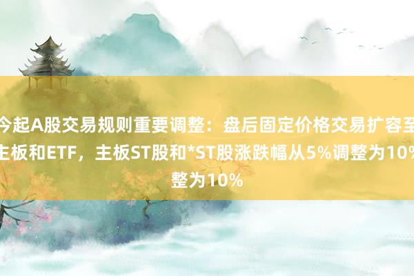 今起A股交易规则重要调整：盘后固定价格交易扩容至主板和ETF，主板ST股和*ST股涨跌幅从5%调整为10%