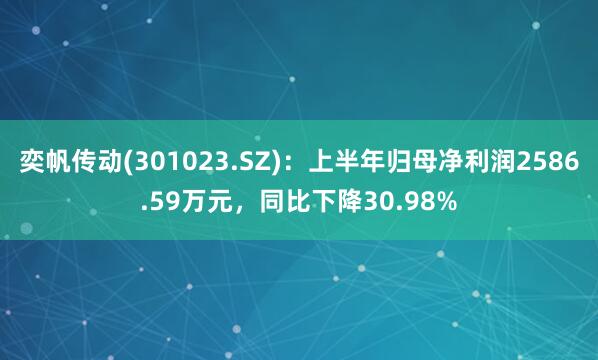 奕帆传动(301023.SZ)：上半年归母净利润2586.59万元，同比下降30.98%