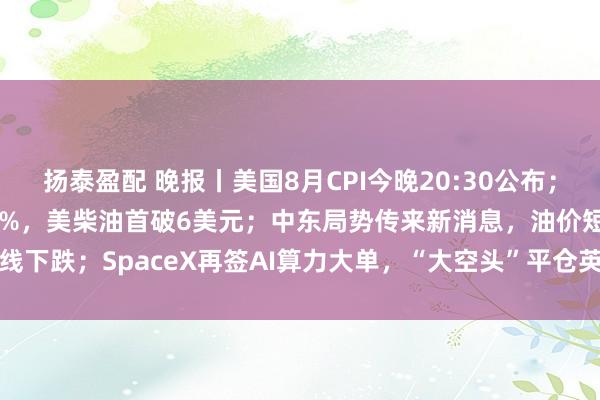 扬泰盈配 晚报丨美国8月CPI今晚20:30公布；10年期美债收益率逼近5%，美柴油首破6美元；中东局势传来新消息，油价短线下跌；SpaceX再签AI算力大单，“大空头”平仓英伟达和Palantir看跌期权